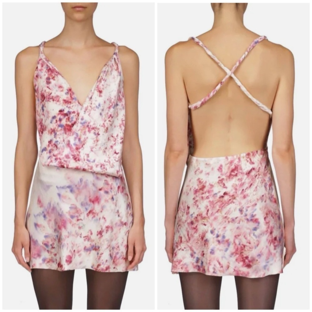 NWT Marina Moscone Foulard Open Back Dress Pink Multi Silk Blend Sz 00